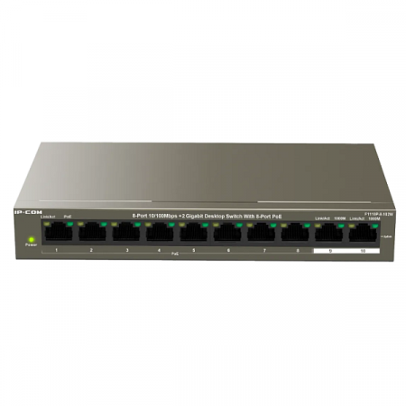 IP-COM F1110P-8-102W Desktop Unmanaged Switch With 8-Port RJ45 10/100Mbps with 2 port Gigabit BASE-T RJ45 Uplink 30.8 watts for each PoE port with 250M Trans. + 6KV Lightening