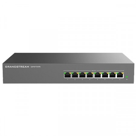 Grandstream GWN7701PA 8 Gigabit RJ45 ports Unmanaged Switch, 8 port PoE+ output, LED Indicators, Green technology reduces power consumption, Rack-Mount 