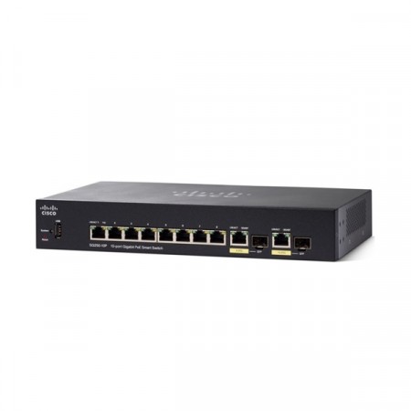 Cisco SG250-10P Switch PoE 10-Port Gigabit Smart Managed, 1-Port USB, Total Budget 62W, Spanning Tree/Link Aggregation/VLAN Support