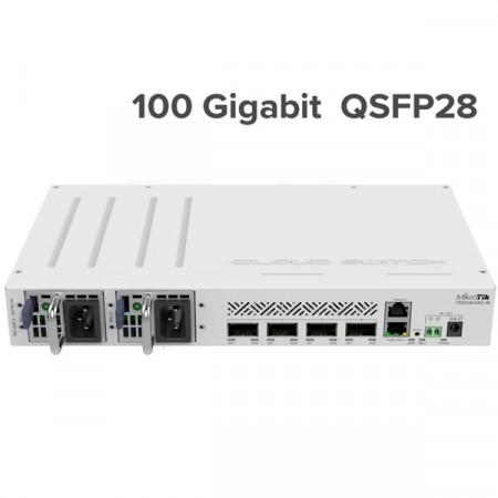 MikroTik CRS504-4XQ-IN 100GbE 4-Port QSFP28 + 1 x 100Mbit Ethernet port, MikroTik RouterOS v7, License level 5, Compatible with 40G, 25G, 10G, and 1G Fiber Connections, Rack-Mount kit (Included)