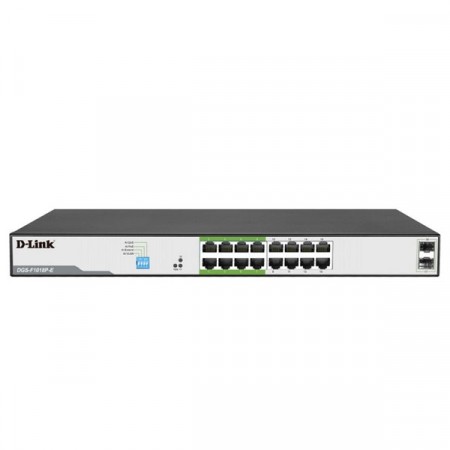 D-Link DGS-F1018P-E 250M 16-Port Gigabit PoE/PoE+ and 2 SFP Uplink Ports, Smart Features: Extend, VLAN, QoS, 150W PoE Budget, Rack Mount Switch, Metal Case