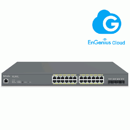 EnGenius ECS1528FP Cloud Managed 24-Port Gigabit PoE+ Network Switch, 4 SFP+ Ports, 802.3 at/af PoE+ Ready on All Ports with 240W PoE budget.