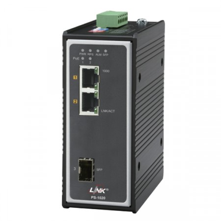 Link PS-1020 Industrial PoE+ Switch, 2-Port 10/100/1000Base-T PoE/PoE+ and 1-Port Gigabit SFP