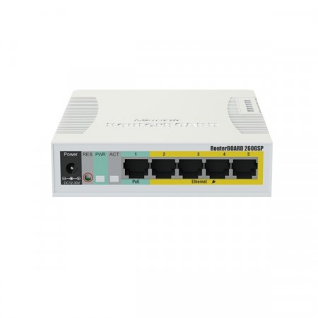 MikroTik RB260GSP Smart Switch 5-Port 10/100/1000 Mbps Gigabit Ethernet, Managed Switch + 1-Port SFP Slot + MikroTik SwOS, Port-to-Port Forwarding, Bandwidth Limitation Supported, Plastic Case + 4-Port PoE