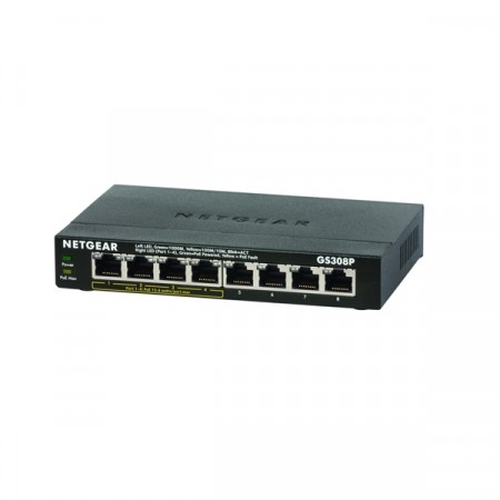 Netgear GS308P 8-Port Gigabit Ethernet Ethernet Switch with 4-Ports PoE Ports 1-4 / 15.4W (802.3af) PoE Max Power 53W