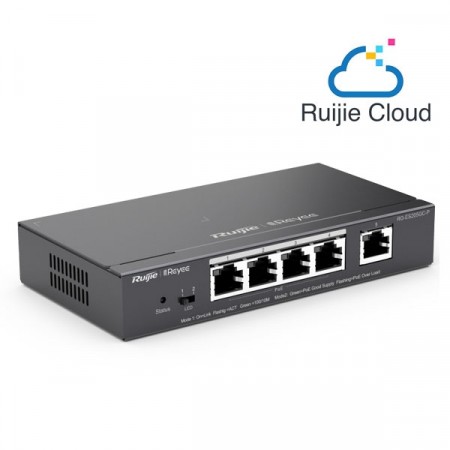 Reyee RG-ES205GC-P 5-Port Gigabit Smart Cloud Mananged PoE Switch, including  4 PoE/POE+ Ports, 54W PoE Power Budget, Desktop Steel Case