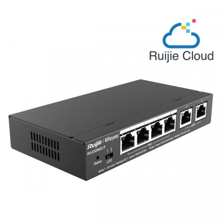 Reyee RG-ES206GC-P 6-Port Gigabit Smart Cloud Mananged PoE Switch, including  4 PoE/POE+ Ports, 54W PoE Power Budget, Desktop Steel Case