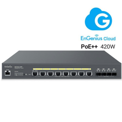 EnGenius ECS5512FP Cloud Managed 8-Port 10 Gigabit PoE++ Aggregate Switch with 4 SFP+ 10G Uplink Ports Layer 2+ Switch, PoE++ (802.3af/at/bt) 420W Power Budget, Rack-Mountable