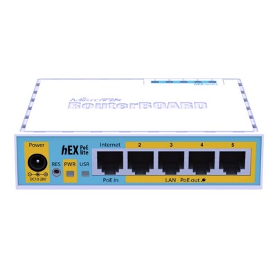 MikroTik RB750UP (hEX PoE lite) Router 5-Port 10/100 Ethernet with 4-Port PoE output, CPU 400MHz, RAM 32MB, RouterOS L4