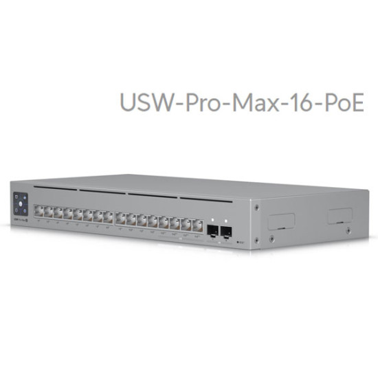 Ubiquiti USW-Pro-Max-16-PoE (180W) UniFi Switch Pro Max 16 PoE, Etherlighting 4x 2.5 GbE PoE++ RJ 45 Ports + 12x 1GbE PoE+ RJ 45 Ports (Power Budget 180W) + 2x 1G/10G SFP+ Ports + Versatile Mounting
