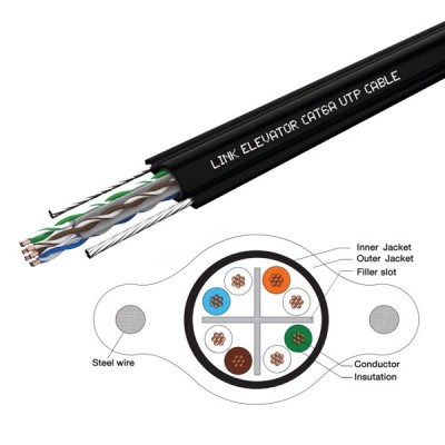 Link US-9306A Elevator CAT 6A UTP Indoor Cable W / 2 Steel Wire (Traveling Cable), 24AWG Solid Bare Copper, Black Color, 305 M./Roll