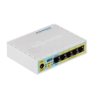 MikroTik RB750UP (hEX PoE lite) Router 5-Port 10/100 Ethernet with 4-Port PoE output, CPU 400MHz, RAM 32MB, RouterOS L4