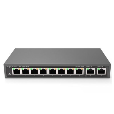 Reyee RG-ES110D-P 8-Port 100Mbps + 2 Uplink Port 1000Mbps, 8 of the ports support PoE/PoE+, Power Budget 110W, Unmanaged Switch, Desktop