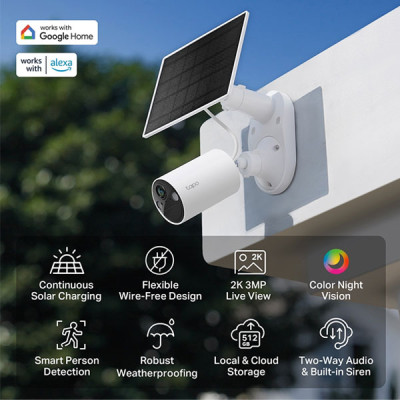 tp-link Tapo C410 KIT 3MP Solar-Powered Security Camera Kit 2K High-Definition, 1 × Tapo C410, 1 × Tapo A201, Color Night Vision, 2.4 GHz Wi-Fi, 850 nm IR LED (30 ft / 9.1 m), IP65 Weatherproof