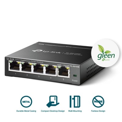 tp-link TL-SG105E 5-Port Gigabit Desktop Easy Smart Switch, 5 10/100/1000Mbps RJ45 ports, VLAN, QoS, IGMP Snooping, Steel Case