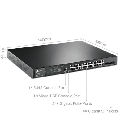 tp-link TL-SG3428MP 28-Port JetStream Gigabit L2/L2+ Managed Switch with 24-Port PoE+ (802.3at/af) PoE Power Budget 384 W, + 4 Gigabit SFP Slots, DHCP Snooping, Omada Controller Support, Rack-Mountable Steel Case