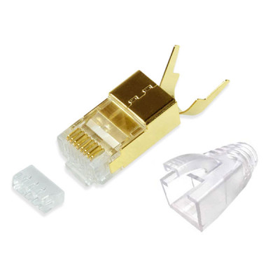 Link US-1070SG Shield CAT 6A RJ45 PLUG, (UTP / Gold Shield, Hybrid w/Plug Boot, Gold / Transparent