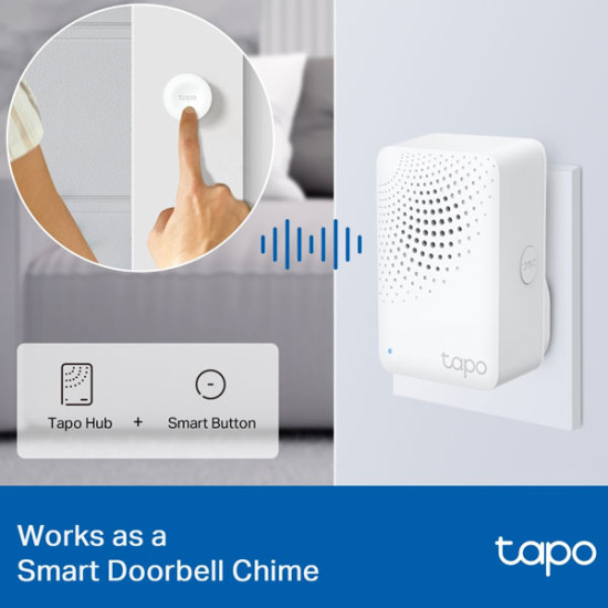 tp-link Tapo H100 Smart IoT Hub with Chime, 2.4 GHz Wi-Fi Networking, Remote Control with Tapo App, up to 64 Devices, Home/Away/Sleep Mode, Mute button, Easy Setup